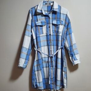 Alina's exclusive plaid shoulder flannel coat color, l blue & brown size ,L ,XL